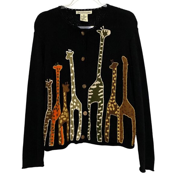 Vintage David Brooks Womens Cardigan M Black Giraffe Embroidered Animals Sweater - Picture 1 of 4